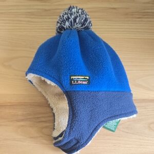 L.L. Bean Blue and Navy Kids Fleece Pom-Pom Earflap Hat